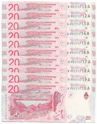 Argentina Bundle 10 Notes 20 Pesos (2017 - 19) Replacement P 361 Unc