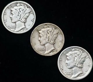 1943 P D S Mercury Silver Dimes Set Of 3 Coins Gid21g