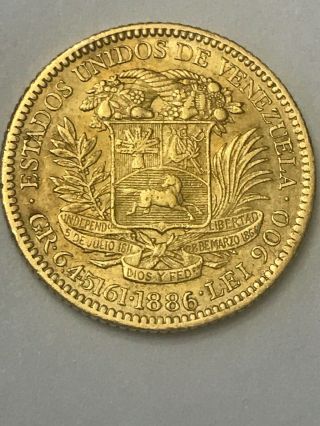 Venezuela 1886 Gold Niice Coin 20 Bolivares [simon Bolivar]