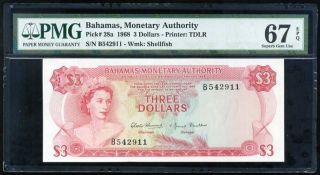 Bahamas 3 Dollar 1968 P 28 Gem Unc Pmg 67 Epq High