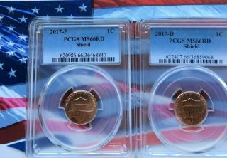 2017 P & D Cent Pcgs Ms66 Union Shield 2 Coin Blue Label Set - You Get Both