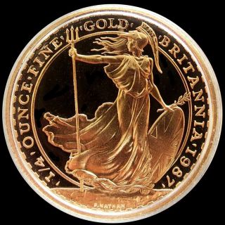1987 Gold Great Britain 25 Pounds 1/4 Oz Britannia Gem Proof Coin In Capsule