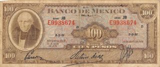 Mexico 100 Pesos 20.  5.  1959 P 55i Series Jb Prefix E Circulated Banknote