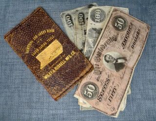 U S Confederate Currency Leather Billfold 1864 $50.  1812 $100.  Two 1862 $100.