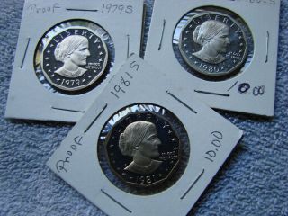 1979 - S 1980 - S 1981 - S Susan B.  Anthony Proof Dollar 3 Coin Set