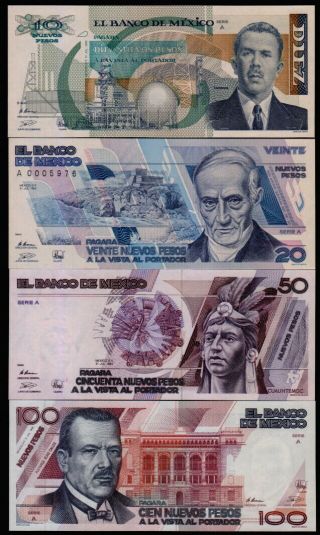 Mexico 10 20 50 And 100 Nuevos Pesos 1992 Serie A A0005643 Pick - 95 96 97 98,  Unc
