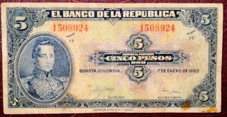 Banknote 5 Pesos Gold January 01.  1950 Colombia Fine Pick 386e