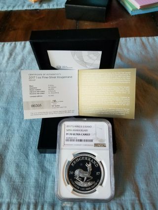 2017 Sa Silver Proof Krugerrand 50th Anniversary Ngc Pf70 Uc Low Low 205