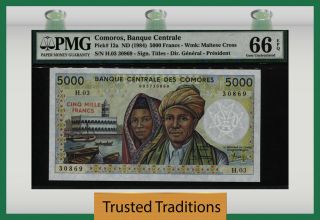 Tt Pk 12a 1984 Comoros Banque Centrale 5000 Francs Pmg 66 Epq Gem Uncirculated