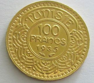 Tunisia Gold 100 Francs (ah 1354) 1935,  Km 257,  Uncirculated,  Uncertified