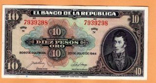 Colombia 10 Pesos 1944 Seven Digits P389b