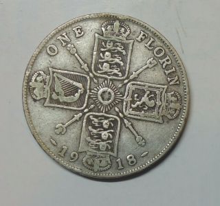 Great Britain Silver Florin 1918 0.  925 Silver