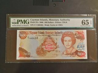 Cayman Islands 100 Dollars 2006 37a First C1 Prefix Pmg Gem Unc 65 Epq