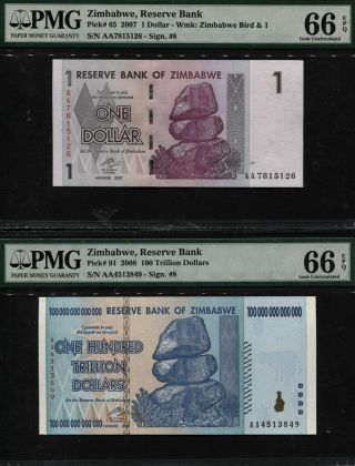 Tt Pk 65/91 2007 - 08 Zimbabwe $1 & $100 Trillion Pmg 66q Lowest & Highest Denoms