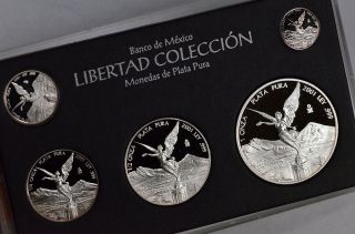 2001 Bank Of Mexico Libertad 5 - Coin.  999 Silver Proof Set W/ Bank Bag