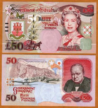 Gibraltar,  50 Pounds,  2006,  Qeii,  Pick 34,  Unc,  Churchill
