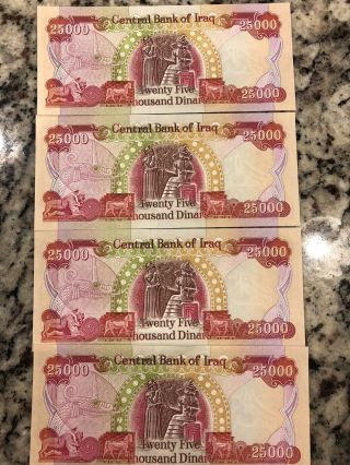 100,  000 Iqd Currency - (4) 25,  000 Iraqi Dinar Notes - Authentic - Crisp Wow