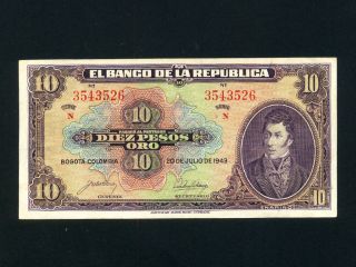 Colombia:p - 389b,  10 Pesos,  1943 Narino Vf - Ef