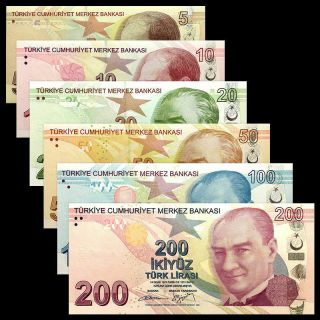 Turkey Banknote Full Set,  5 - 10 - 20 - 50 - 100 - 200 Lira,  P.  222 To P.  227 Unc