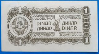 Yugoslavia; 1 dinar 1944,  with vertical security thread (RARE),  AUNC 2