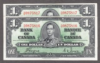 1937 Bank Of Canada Consecutive Pair $1.  00 Unc Bank Notes - Coyne Towers R/n