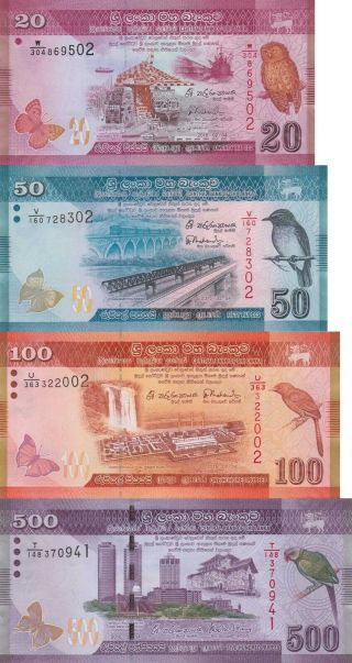 Sri Lanka 4 Note Set: 20 To 500 Rupees (2015/2016) - P123c,  P124d,  P125c,  Pnew Unc