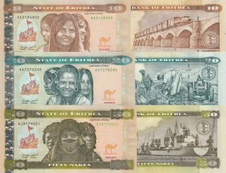 Eritrea 3 Note Set: 10,  20 And 50 Nakfa (2011 - 13) - P - 11,  P - 12 And P - 13 Unc