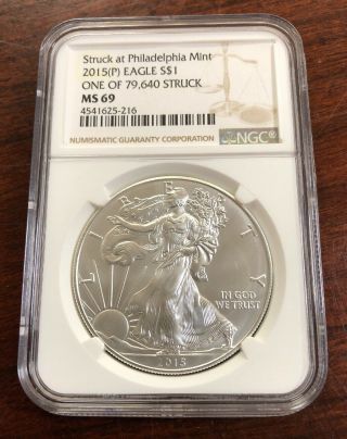 2015 (p) $1 American Silver Eagle One Of 79,  640 Struck At Philadelphia Ngc Ms69