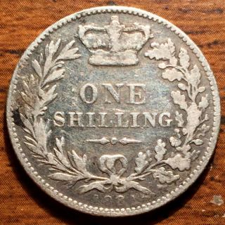 1881 Silver Great Britain One 1 Shilling Queen Victoria Young Head Coin Cleaned 2