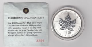 2004 Canada Maple Leaf Gemini - Privy 1 Oz Pure Silver Privy Mark Capsule &