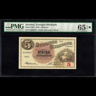 Sweden Sveriges Riksbank 5 Kronor 1952 Pmg 65 Gem Unc Epq P - 33ai (1)