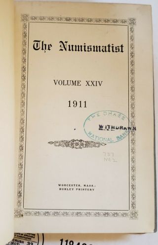 ANA The Numismatist G.  L.  Tilden Vol 24 1911 Ex Chase National Bank Index 4