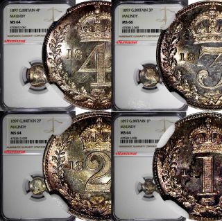 Great Britain Victoria 1897 Maundy Set (4 Coin) Ngc Ms66,  Ms64 Mintage - 9,  388