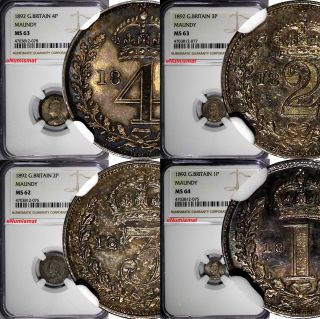 Great Britain Victoria Silver 1892 Maundy Set (4 Coin) Ngc Ms64,  Ms63,  Ms62 Toned