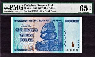 Zimbabwe 100 Trillion Dollars Aa 2008 Pick - 91 Certified By Pmg Gem Unc 65 Epq