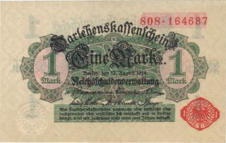 1914 1 Mark Germany Currency Unc German Banknote Note Money Bank Bill Cash Wwi