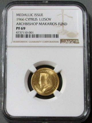 1966 Gold Cyprus 1/2 Sovereign Archbishop Makarios Coin Ngc Proof 69