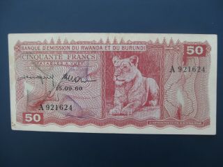 Scarce 1960 Rwanda - Burundi (africa/belgium) 50 Francs Banknote Crisp Gvf