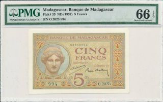 Banque De Madagascar Madagascar 5 Francs Nd (1937) Pmg 66epq