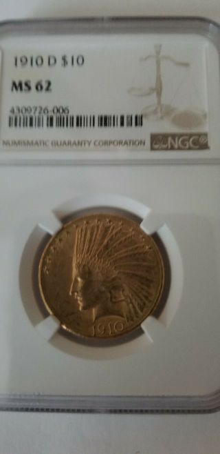 1910 D $10 Ten Dollar Gold Indian Eagle Ngc Ms 62