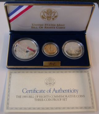 1993 Bill Of Rights 3 Coin Gold And Silver Proof Set With