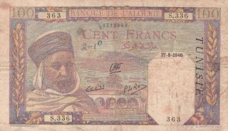 Banque Algeria And Tunisia 100 Francs 1940 P - 13 Vg Vichy Government