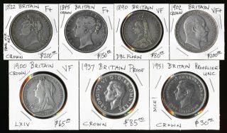 7 British Crowns & Double Florin (1822 - 1951) Cv $810 Usd See Pictures No Rsrv