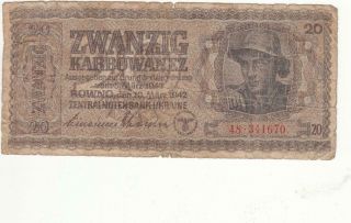 Ww2 Russia - Ukraine Banknote - 20 Karbowanez - 1942 German Nazi Occupation