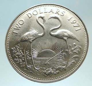 1971 The Bahamas Silver 2 Dollars Large Coin Elizabeth Ii Flamingo Birds I76770
