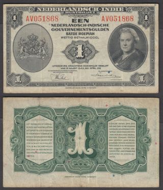 Netherlands Indies 1 Gulden 1943 (vf) Banknote Km 111 Wwii Muntbiljet
