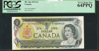 1973 $1 Bank Of Canada.  Low Serial Number Nt0000025 Note.  Pcgs Unc64 Ppq.  Scarce