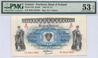 Ireland,  Northern Bank Of Ireland 1942 One Pound Note Pick 55 Ba96 Pmg Au53epq