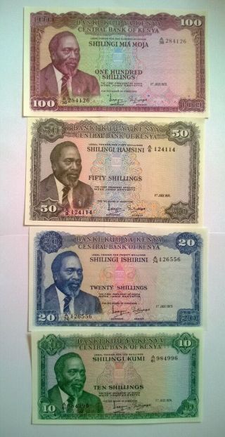 Kenya - 10,  20,  50,  100 Shillings ; Unc - 1971/1974
