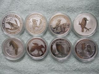 1992 - 93 - 98 - 05 - 08 - 11 - 12 - 13 Australian Silver Kookaburra Coins 1 Oz (8 Coin Set)